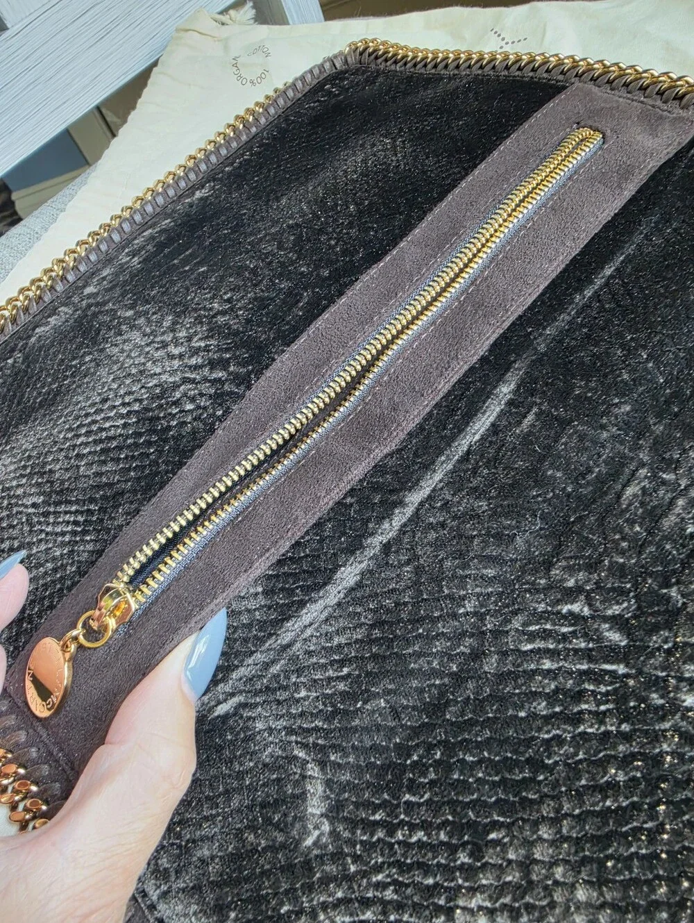Stella McCartney Black Faux-Snake Foldover Chain Clutch with Gold Trim